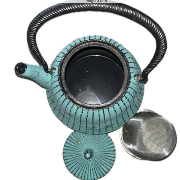 Tetsubin Japanese Cast Iron Kettle Tea Pot Marked w/ Teal Stainless Infuser - Picture 2 of 11